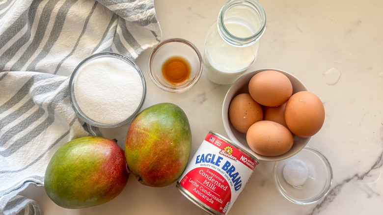 Ingrédients de flan mangue sur le comptoir en marbre
