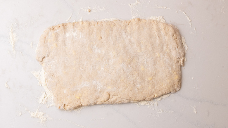 rectangle de pâte à biscuit sur une surface farinée